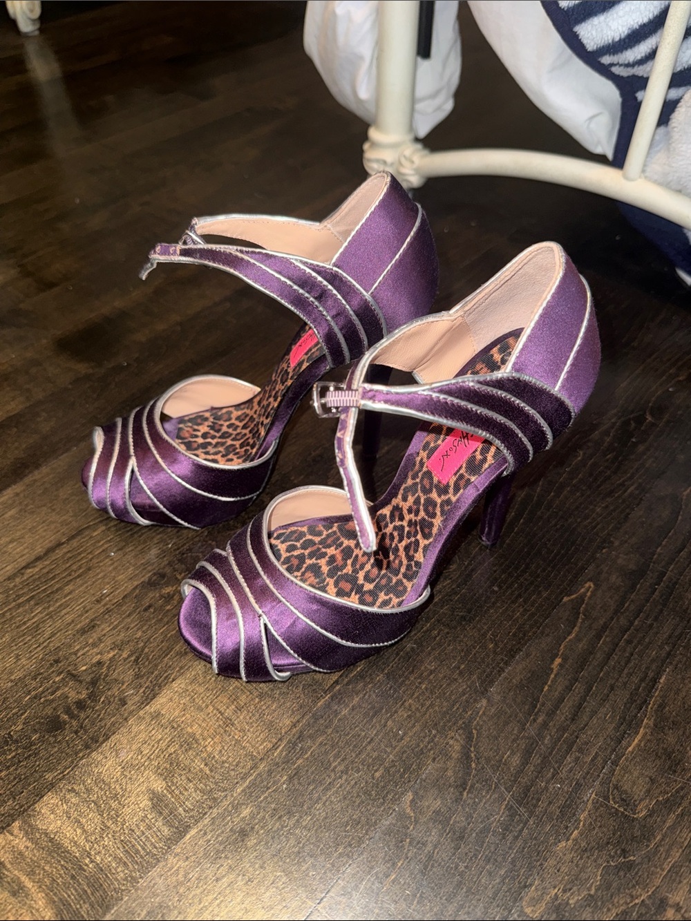 Purple Satin T-Strap High Heels by